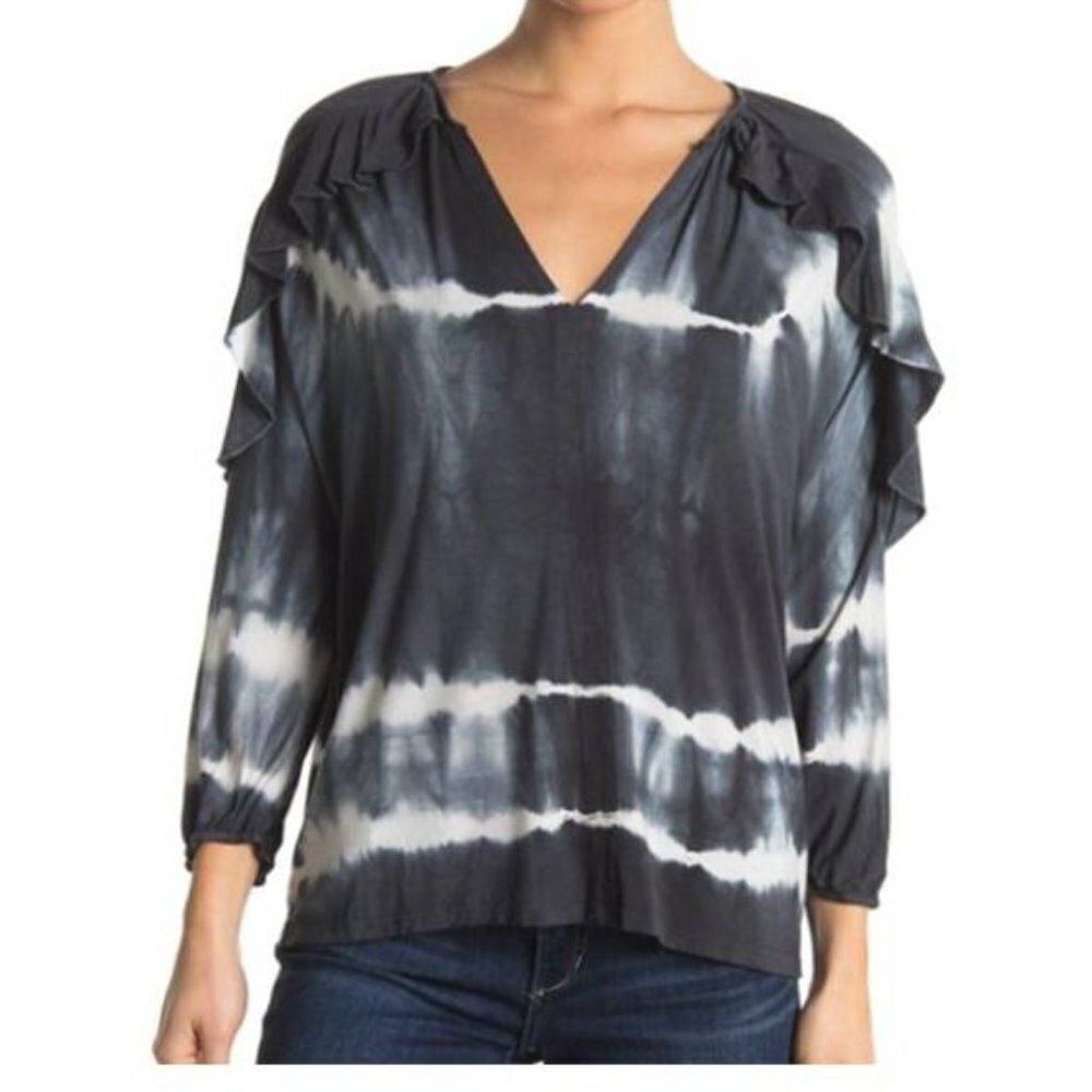 GO COUTURE Ruffle Shoulder Tie Dye V-Neck‎ Top